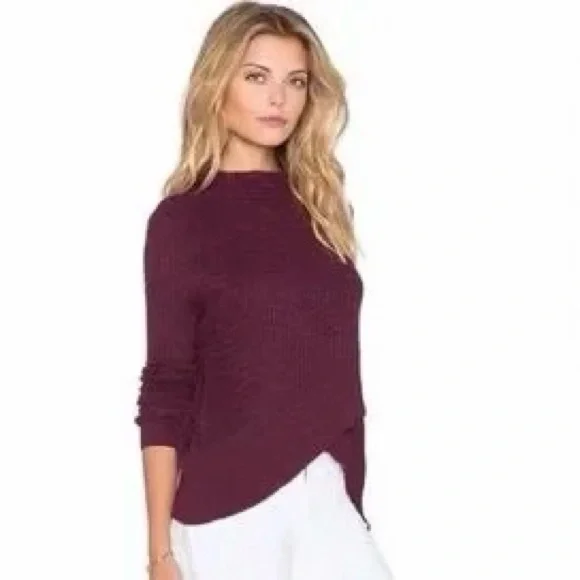 Free People Plum Maroon Wrap Split Hem Mock Neck Long Sleeve Sweater Top Large - Picture 2 of 7